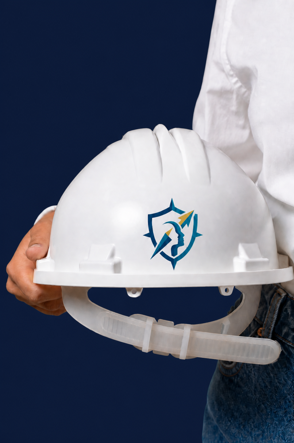Profissional segurando capacete de segurança com a marca Atalaia Corporativo